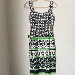 David Meister Black and Green Geometric Pattern MIDI Dress
